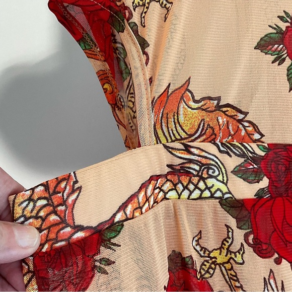 Queen Marie, 2XL, Mesh, Red Dragon/Flower, Jumpsuit, Cutouts, Zipper, Elastic - Picture 6 of 16